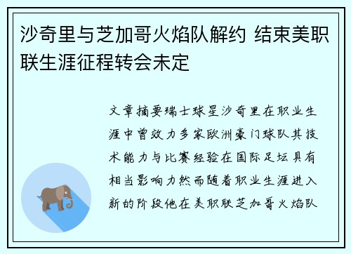 沙奇里与芝加哥火焰队解约 结束美职联生涯征程转会未定